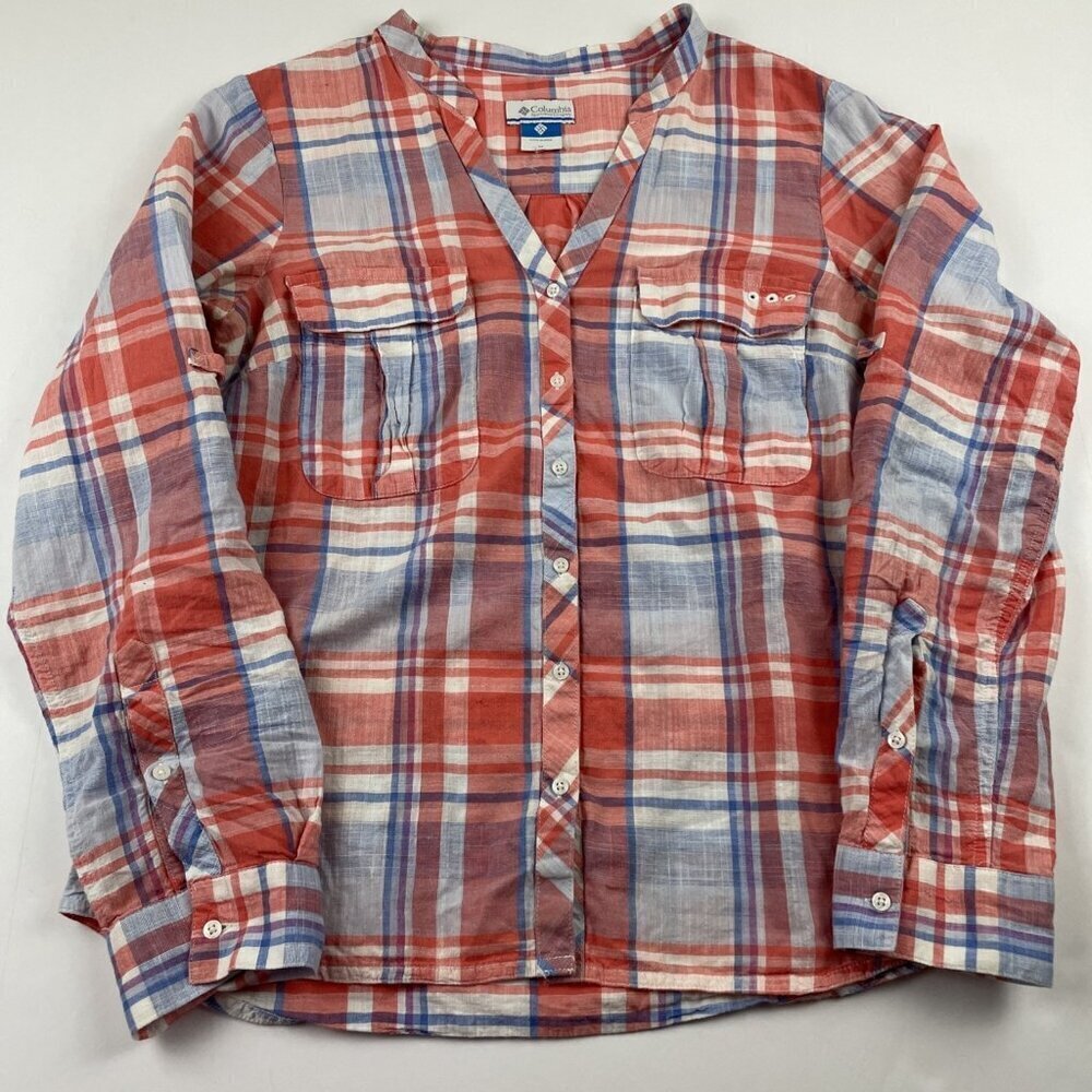 Columbia PFG Button Up Shirt Women’s M Plaid Roll Tab Sleeve Fish Cotton Linen